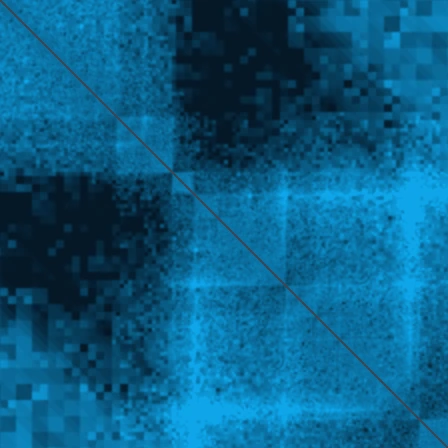 Measured Hi-C contact map from HFF cells: a 448 by 448 bin grid at 2,048 bp resolution in which domains appear as bright blocks along the diagonal.